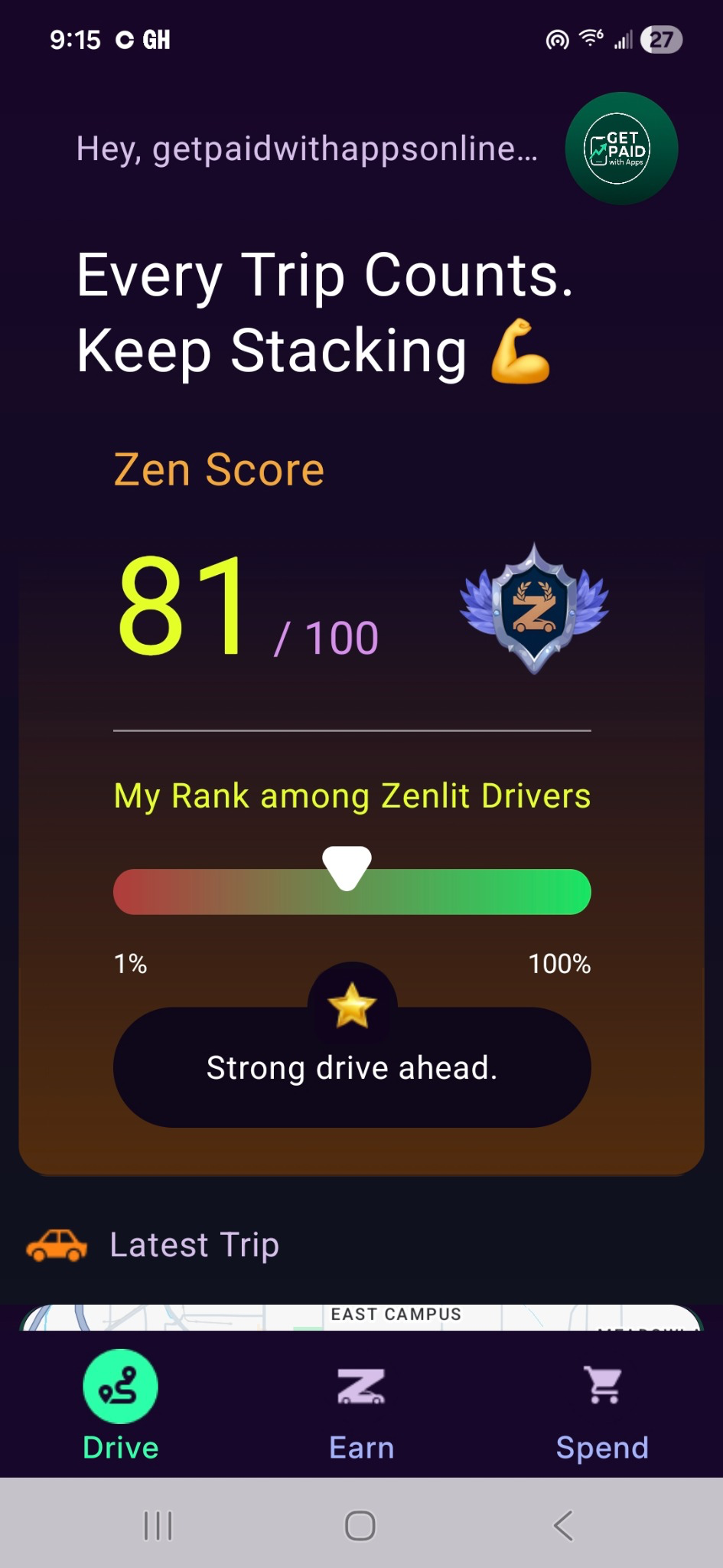 Zenlit ZenScore dashboard showing driving score and rank
